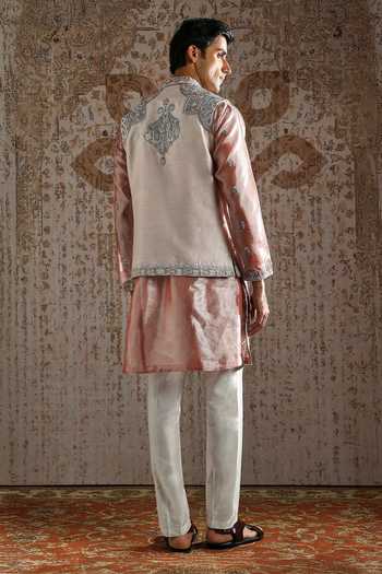 Shop_Asuka_Pink Silk, Tissue Pearls, Zari Blush Paisley Embroidered Kurta Bundi Set _at_Aza_Fashions