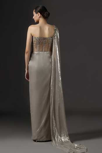 Shop_Pooja Peshoria_Gold Sequins, Beads Sweetheart Neck, Asymmetric Embellished Bodice Saree Gown _at_Aza_Fashions