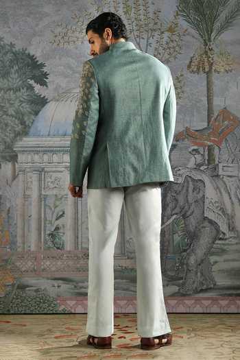 Shop_Asuka_Green Linen Embroidery Heritage Crest Bandhgala Set _at_Aza_Fashions