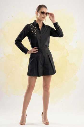Buy_The Pretty Things by Priyanka B. Sahani_Black Cotton Collared Pearl Embellished Shirt With Shorts _at_Aza_Fashions