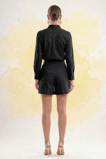 Shop_The Pretty Things by Priyanka B. Sahani_Black Cotton Collared Pearl Embellished Shirt With Shorts _at_Aza_Fashions
