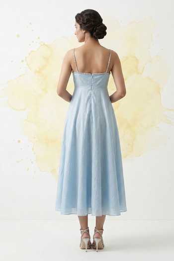 Shop_The Pretty Things by Priyanka B. Sahani_Blue Chanderi Silk Sweetheart Neck Stone Embellished Pure Maxi Dress _at_Aza_Fashions