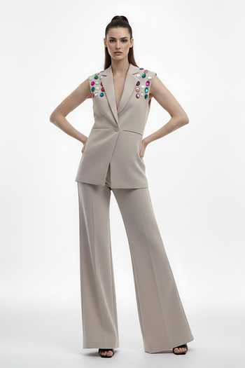 Buy_The Pretty Things by Priyanka B. Sahani_Beige Crepe V-neck Embellished Waistcoat With Trouser _at_Aza_Fashions