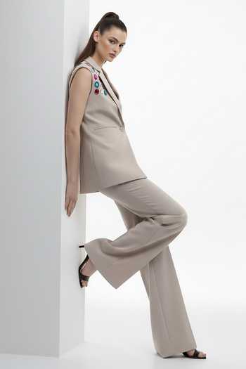 Buy_The Pretty Things by Priyanka B. Sahani_Beige Crepe V-neck Embellished Waistcoat With Trouser _Online_at_Aza_Fashions