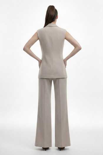 Shop_The Pretty Things by Priyanka B. Sahani_Beige Crepe V-neck Embellished Waistcoat With Trouser _at_Aza_Fashions