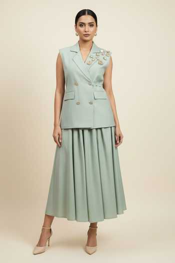 Shop_The Pretty Things by Priyanka B. Sahani_Mint Cotton Collared Hand Embroidered Waistcoat With Skirt _at_Aza_Fashions