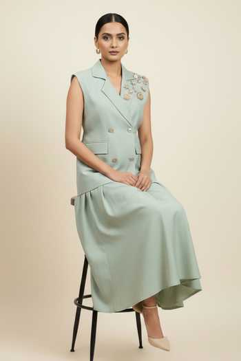 Buy_The Pretty Things by Priyanka B. Sahani_Mint Cotton Collared Hand Embroidered Waistcoat With Skirt _Online_at_Aza_Fashions