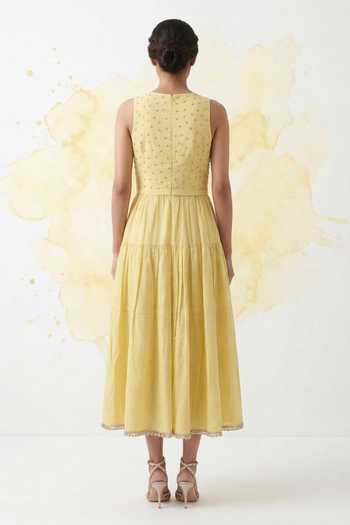 Shop_The Pretty Things by Priyanka B. Sahani_Yellow Cotton Scoop Neck Hand Embroidered Bodice Dress _at_Aza_Fashions