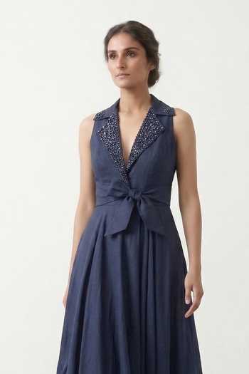 The Pretty Things by Priyanka B. Sahani_Navy Cotton V-neck, Collared Hand Embroidered Dress _Online_at_Aza_Fashions