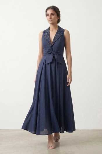 Buy_The Pretty Things by Priyanka B. Sahani_Navy Cotton V-neck, Collared Hand Embroidered Dress _at_Aza_Fashions