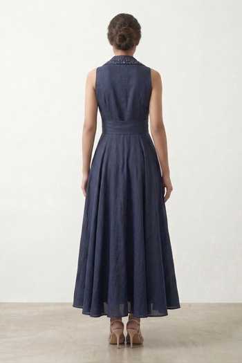 Shop_The Pretty Things by Priyanka B. Sahani_Navy Cotton V-neck, Collared Hand Embroidered Dress _at_Aza_Fashions