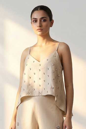 Shop_The Pretty Things by Priyanka B. Sahani_Beige Cotton V-neck Hand Embroidered Top With Shorts _Online_at_Aza_Fashions