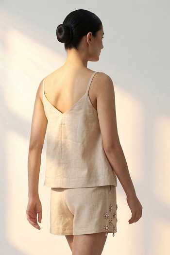 Buy_The Pretty Things by Priyanka B. Sahani_Beige Cotton V-neck Hand Embroidered Top With Shorts 