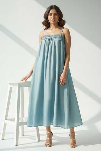 Buy_The Pretty Things by Priyanka B. Sahani_Blue Chanderi Square Neck Maxi Dress _at_Aza_Fashions