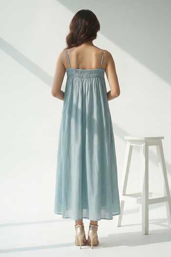 Shop_The Pretty Things by Priyanka B. Sahani_Blue Chanderi Square Neck Maxi Dress _at_Aza_Fashions