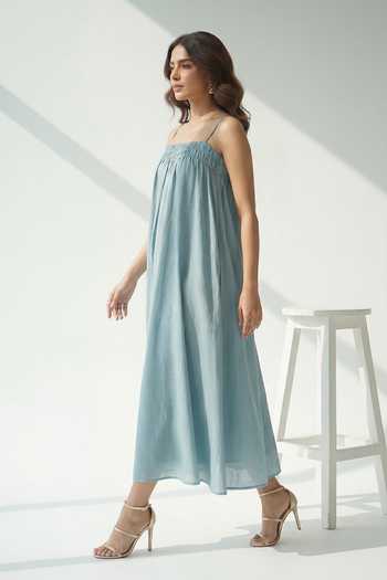 The Pretty Things by Priyanka B. Sahani_Blue Chanderi Square Neck Maxi Dress _Online_at_Aza_Fashions