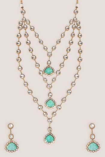 Shop_Zevar By Geeta_Green Kundan Polki Necklace And Earrings Set _at_Aza_Fashions