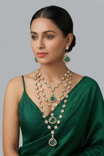 Buy_Zevar By Geeta_Green Kundan Polki Necklace And Earrings Set _at_Aza_Fashions