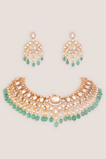 Shop_Zevar By Geeta_Green Bead Drop Necklace And Earrings Set _at_Aza_Fashions