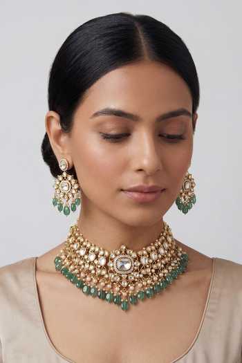 Buy_Zevar By Geeta_Green Bead Drop Necklace And Earrings Set _at_Aza_Fashions