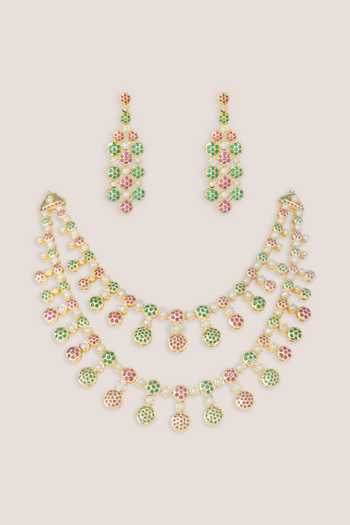 Shop_Zevar By Geeta_Multi Color Jadau Necklace And Earrings Set _at_Aza_Fashions
