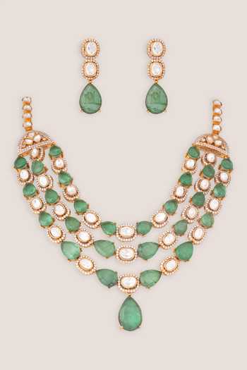 Shop_Zevar By Geeta_Green Layered Necklace And Earrings Set _at_Aza_Fashions