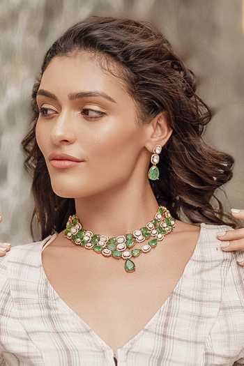 Buy_Zevar By Geeta_Green Layered Necklace And Earrings Set _at_Aza_Fashions