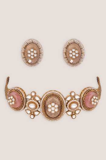 Shop_Zevar By Geeta_Pink Oval Necklace And Earrings Set _at_Aza_Fashions