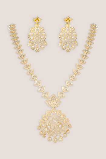 Shop_Zevar By Geeta_Gold Plated Jadau Necklace And Earrings Set _at_Aza_Fashions