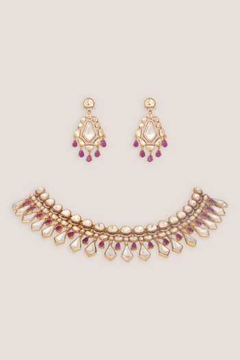 Shop_Zevar By Geeta_White Stone Studded Necklace And Earrings Set _at_Aza_Fashions