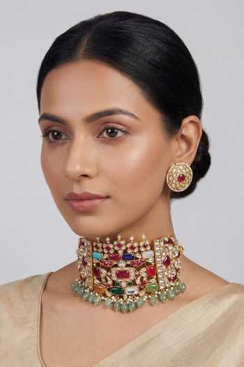 Zevar By Geeta_Multi Color Meenakari Choker Necklace And Earrings Set _Online_at_Aza_Fashions