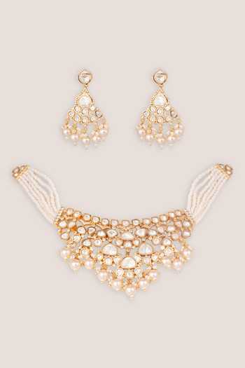 Shop_Zevar By Geeta_Gold Plated Moissanite Necklace And Earrings Set _at_Aza_Fashions