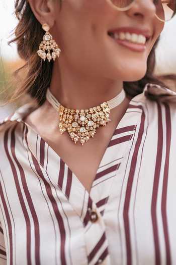 Zevar By Geeta_Gold Plated Moissanite Necklace And Earrings Set _Online_at_Aza_Fashions