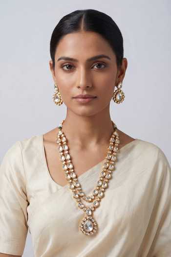 Buy_Zevar By Geeta_Gold Plated Layered Necklace And Earrings Set _at_Aza_Fashions