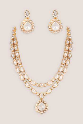 Shop_Zevar By Geeta_Gold Plated Layered Necklace And Earrings Set _at_Aza_Fashions