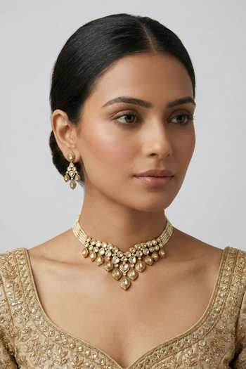 Buy_Zevar By Geeta_Gold Plated Teardrop Necklace And Earrings Set _at_Aza_Fashions