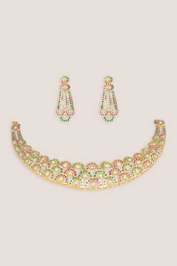 Shop_Zevar By Geeta_Multi Color Jadau Necklace And Earrings Set _at_Aza_Fashions
