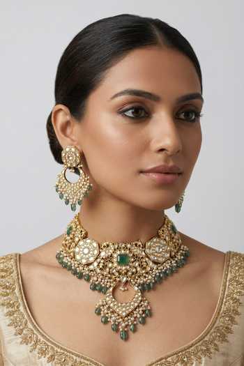 Buy_Zevar By Geeta_Green Kundan Necklace And Earrings Set _at_Aza_Fashions