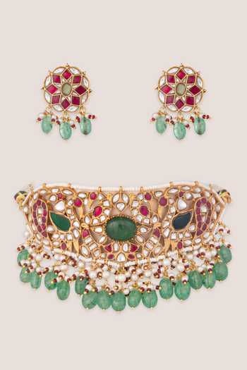 Shop_Zevar By Geeta_Multi Color Meenakari Choker And Earrings Set _at_Aza_Fashions