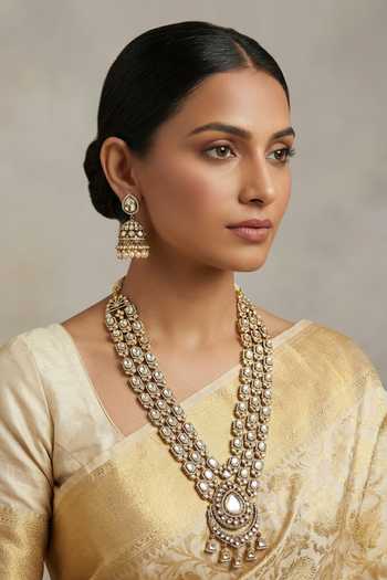 Buy_Zevar By Geeta_Gold Plated Polki Necklace And Earrings Set _at_Aza_Fashions