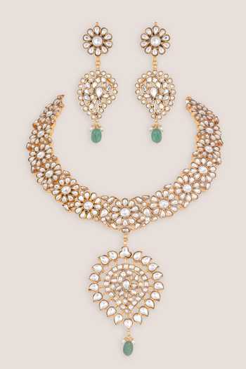 Shop_Zevar By Geeta_Gold Plated Handcrafted Kundan Necklace And Earrings Set _at_Aza_Fashions