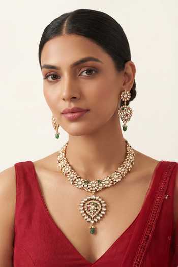 Buy_Zevar By Geeta_Green Teardrop Pendant Necklace And Earrings Set _at_Aza_Fashions