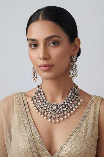 Buy_Zevar By Geeta_White Kundan Polki Necklace And Earrings Set _at_Aza_Fashions