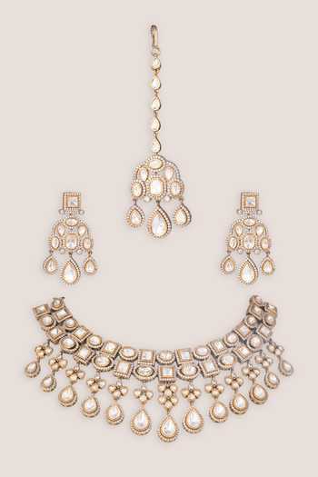 Shop_Zevar By Geeta_Gold Plated Polki Necklace Set _at_Aza_Fashions