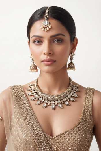 Buy_Zevar By Geeta_Gold Plated Kundan Polki Necklace Set _at_Aza_Fashions
