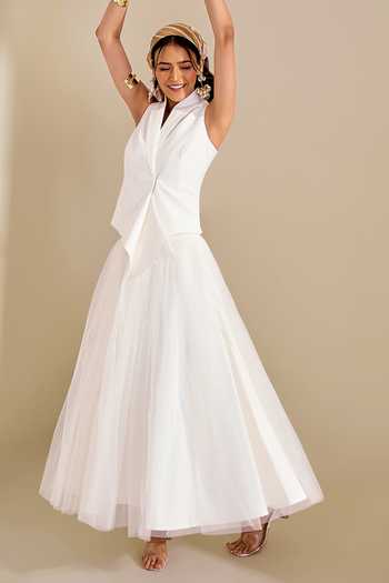 Buy_Naintara Bajaj_Ivory Lycra, Net Shawl Neck Structured Waistcoat And Flared Skirt Set _Online_at_Aza_Fashions
