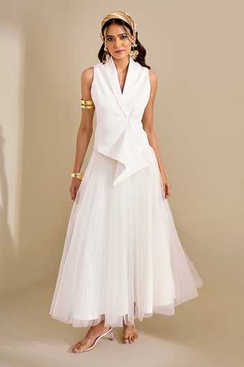Naintara Bajaj_Ivory Lycra, Net Shawl Neck Structured Waistcoat And Flared Skirt Set _Online_at_Aza_Fashions