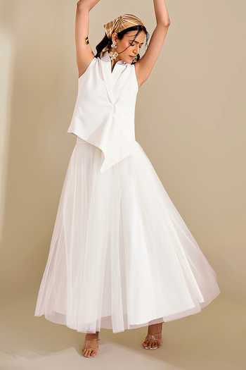 Shop_Naintara Bajaj_Ivory Lycra, Net Shawl Neck Structured Waistcoat And Flared Skirt Set _Online_at_Aza_Fashions