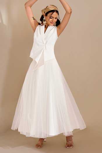 Buy_Naintara Bajaj_Ivory Lycra, Net Shawl Neck Structured Waistcoat And Flared Skirt Set 