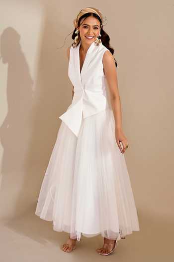 Shop_Naintara Bajaj_Ivory Lycra, Net Shawl Neck Structured Waistcoat And Flared Skirt Set 